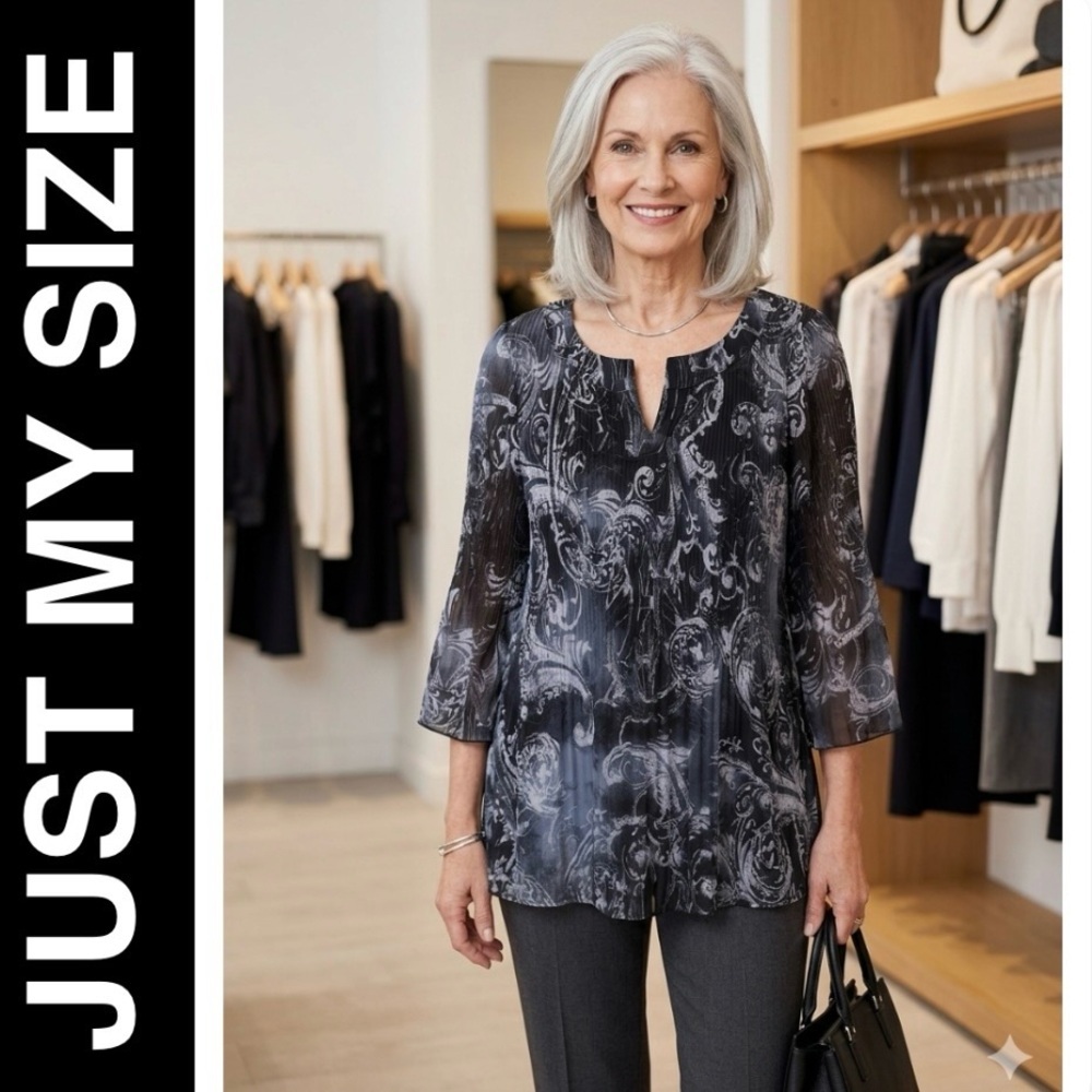 Just My Size Pleated Paisley Grey/Black Split-Neck Tunic Bell Sleeves SZ 1X/16W - Picture 10 of 10
